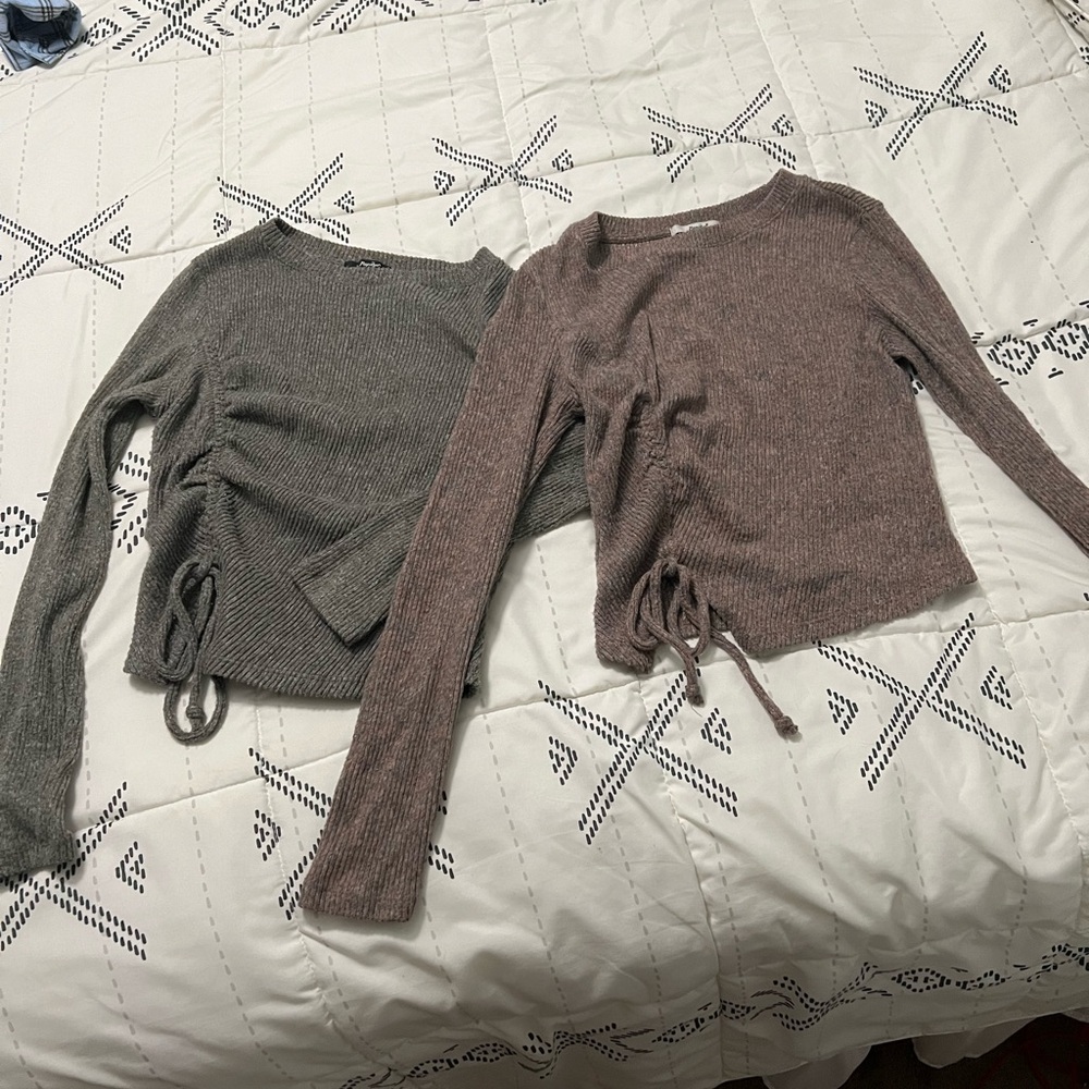 2 stretch bodycon sweaters cinched tied up adjustable side tie army green/brown